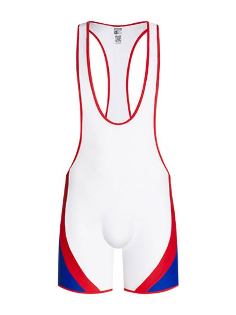 A wrestling singlet with short legs, a racerback top, and scoop neckline. It features a blue body with red and white panel details.