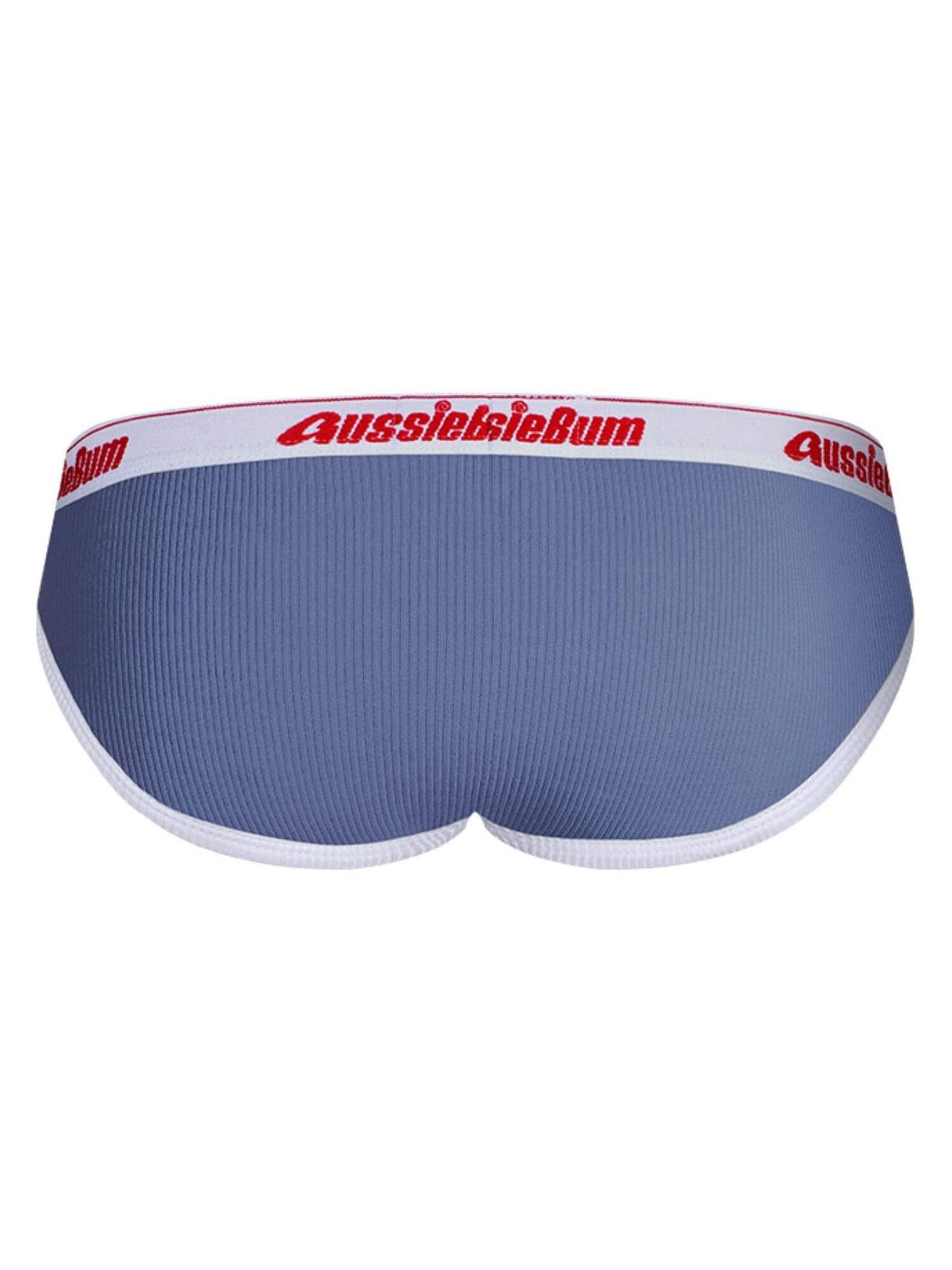 Blue men's underwear with red and white 'AussieBum' logo on a white background