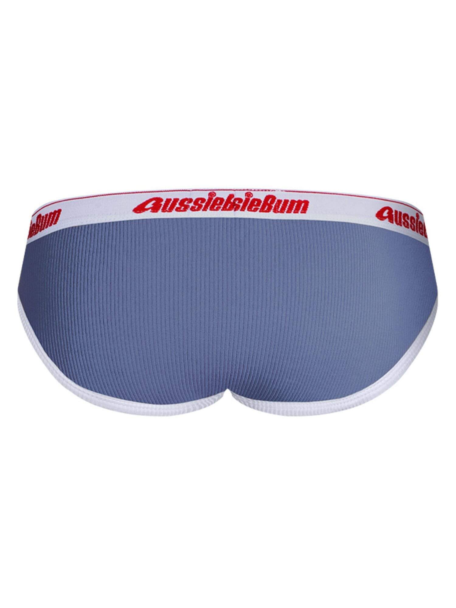 Blue men's underwear with red and white 'AussieBum' logo on a white background