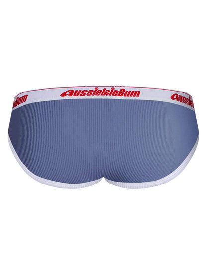 Blue men's underwear with red and white 'AussieBum' logo on a white background