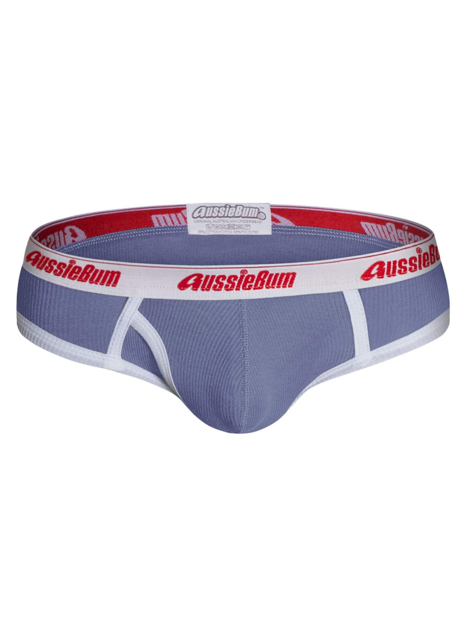 Blue men's underwear with red and white 'AussieBum' logo on a white background