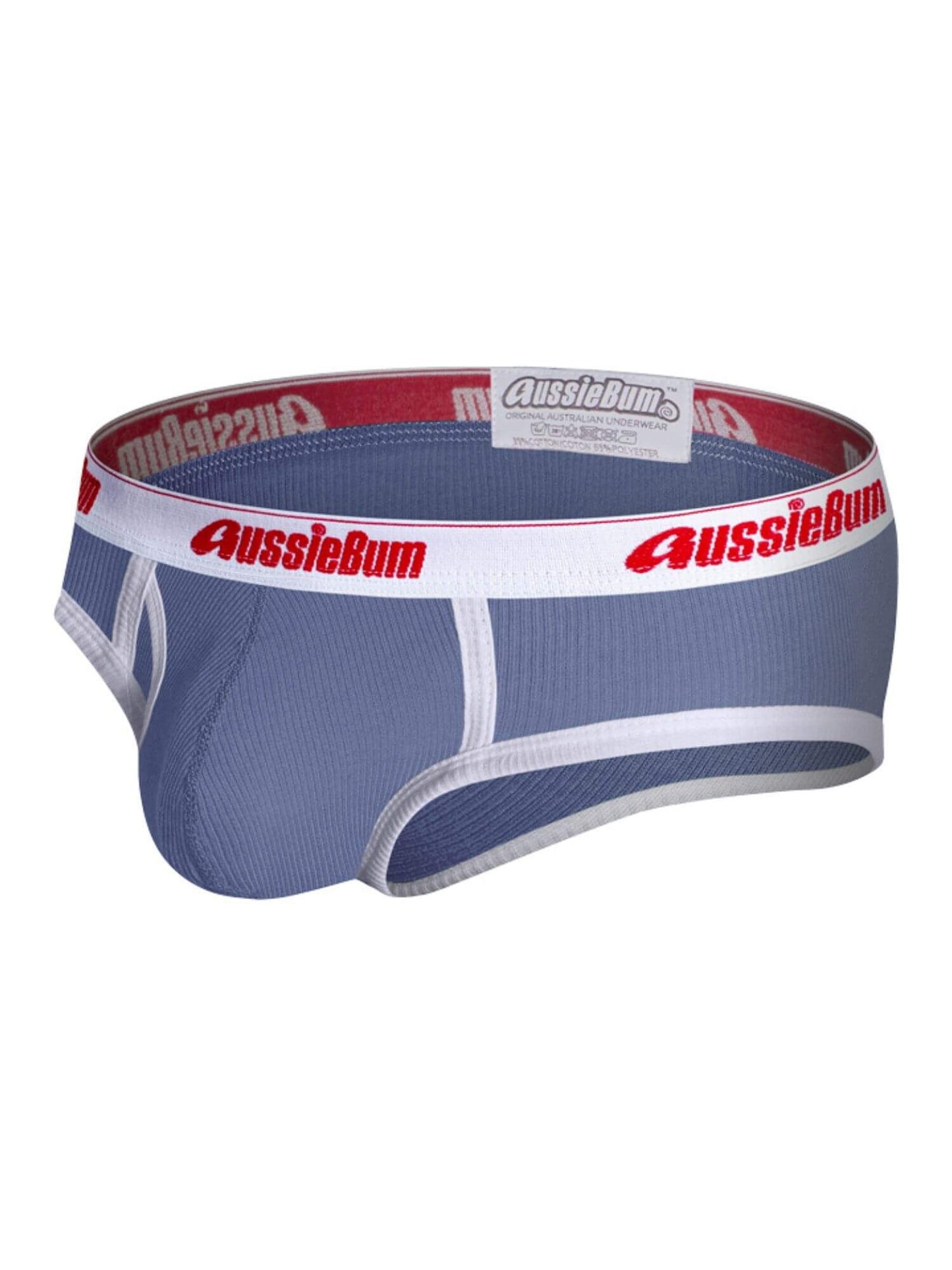Blue men's underwear with red and white 'AussieBum' logo on a white background