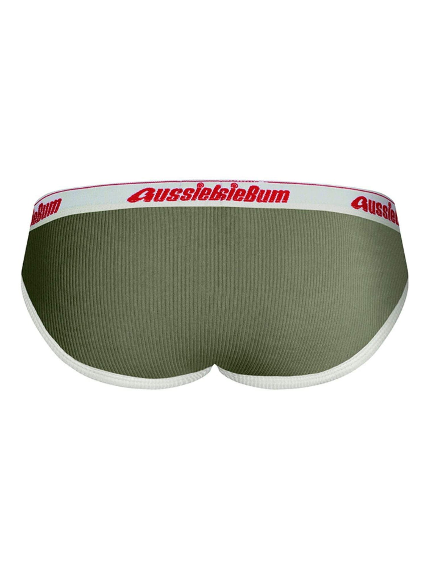 Green men's underwear with red 'AussieBum' logo on a white background