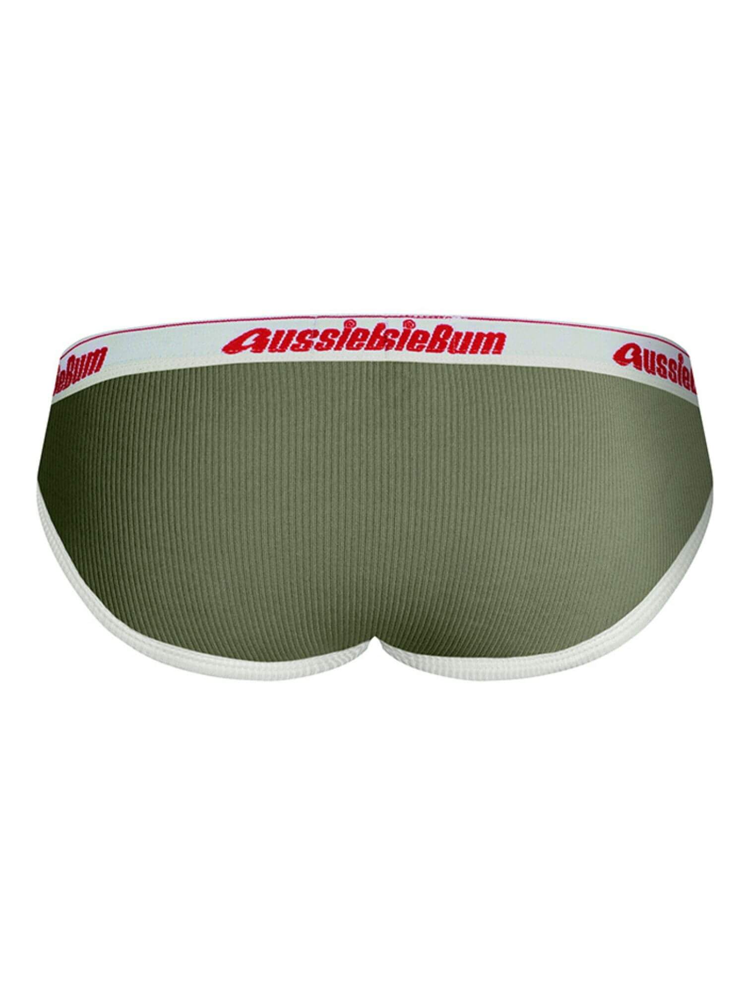 Green men's underwear with red 'AussieBum' logo on a white background