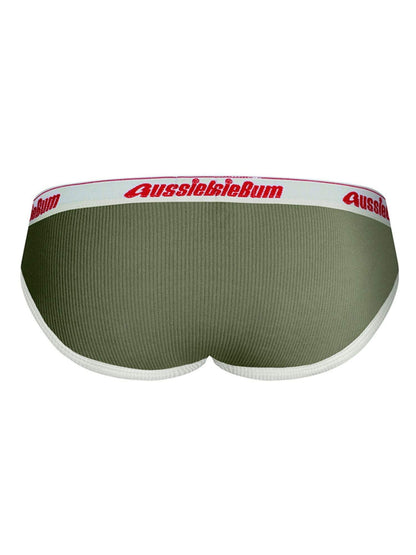 Green men's underwear with red 'AussieBum' logo on a white background