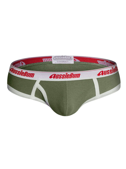 Green men's underwear with red and white 'AussieBum' waistband on a white background