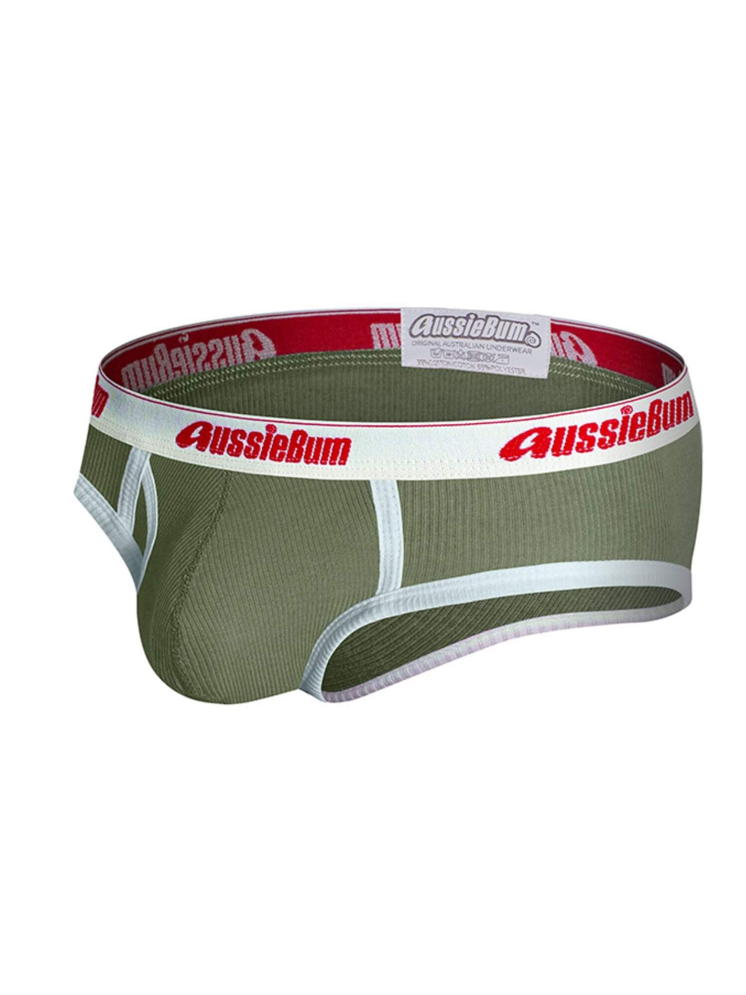 Green men's underwear with red and white 'AussieBum' logo on a white background