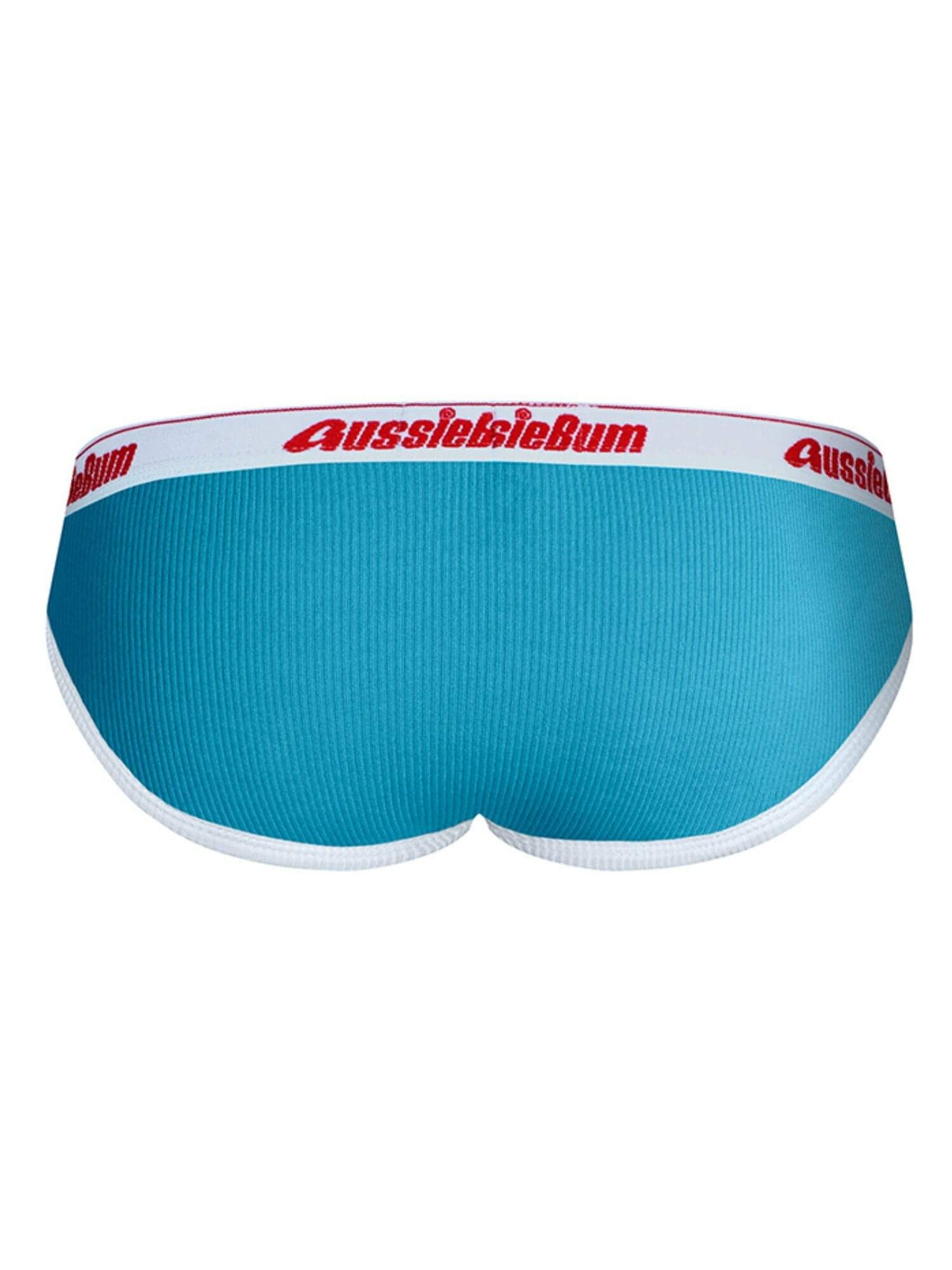 Blue men's underwear with red 'AussieBum' logo on a white background