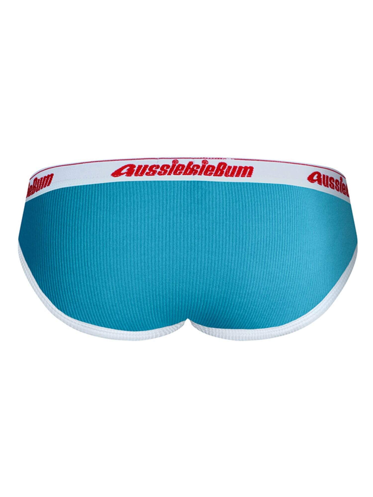 Blue men's underwear with red 'AussieBum' logo on a white background