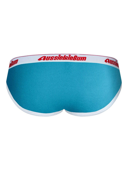 Blue men's underwear with red 'AussieBum' logo on a white background