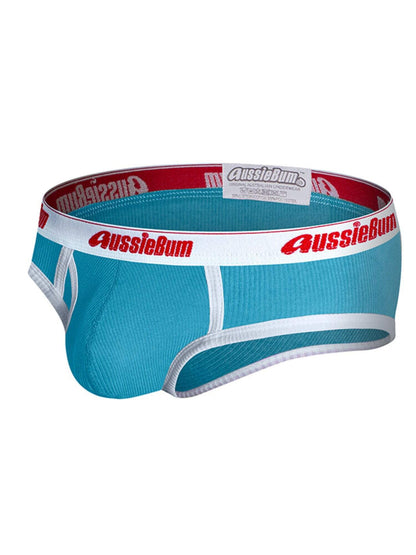 Blue men's underwear with red and white branding on a white background