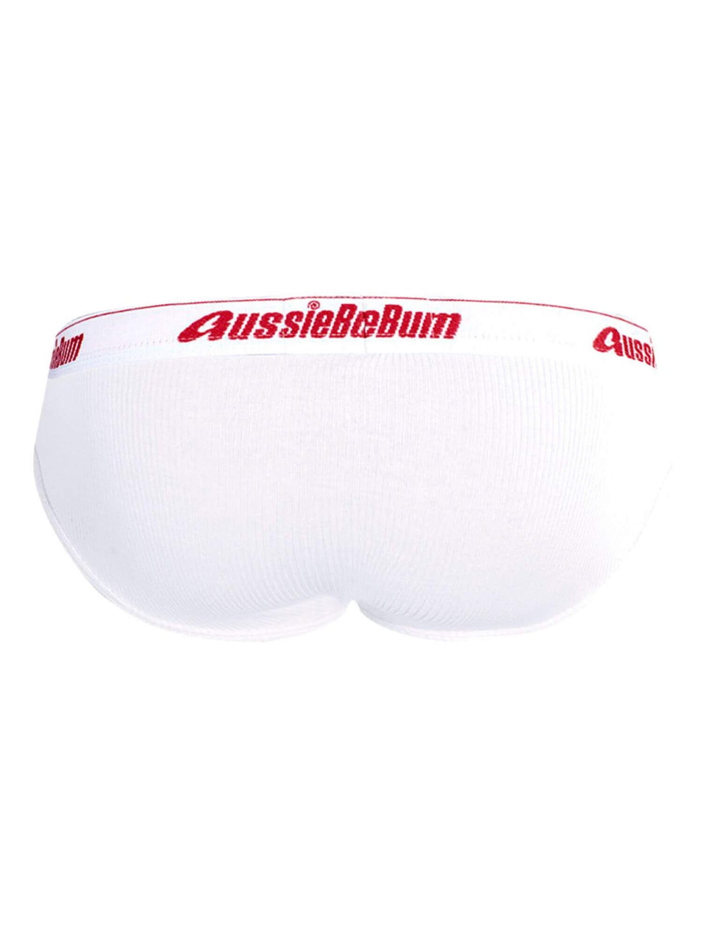 White men's underwear with red 'AussieBum' logo on a white background