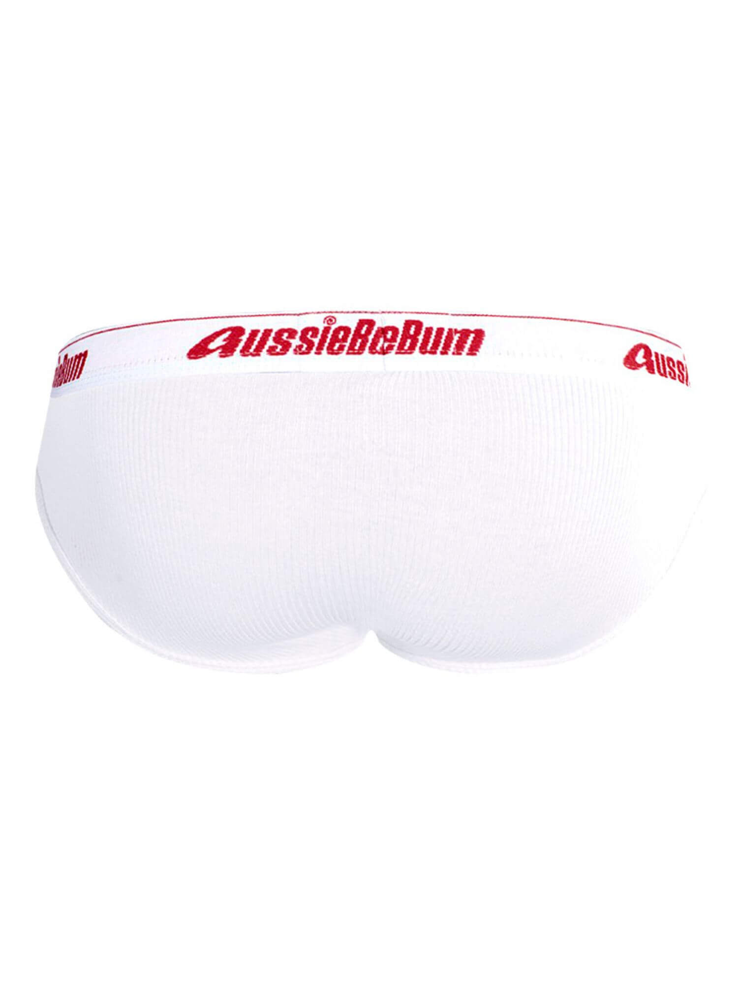 White men's underwear with red 'AussieBum' logo on a white background