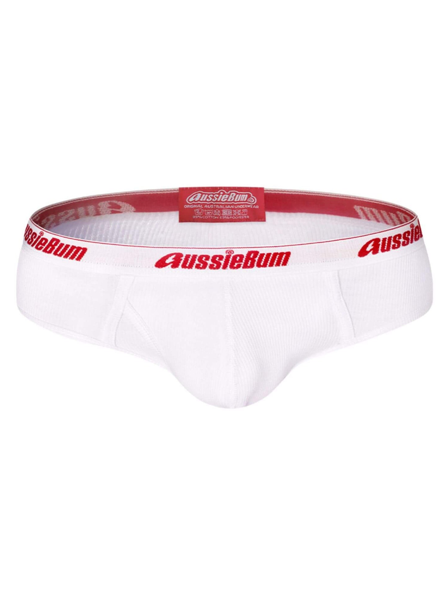 White men's underwear with red 'AussieBum' logo on a white background