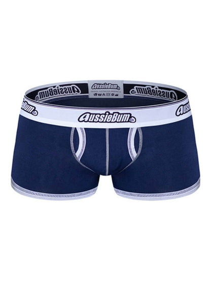 White aussieBum branded waistband on a pair of men's briefs with solid color body and white trims.