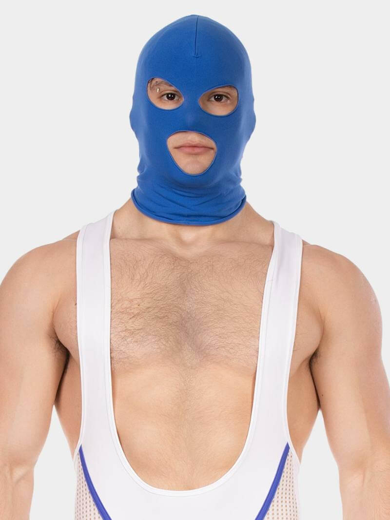 Person wearing a blue balaclava and white tank top on a white background