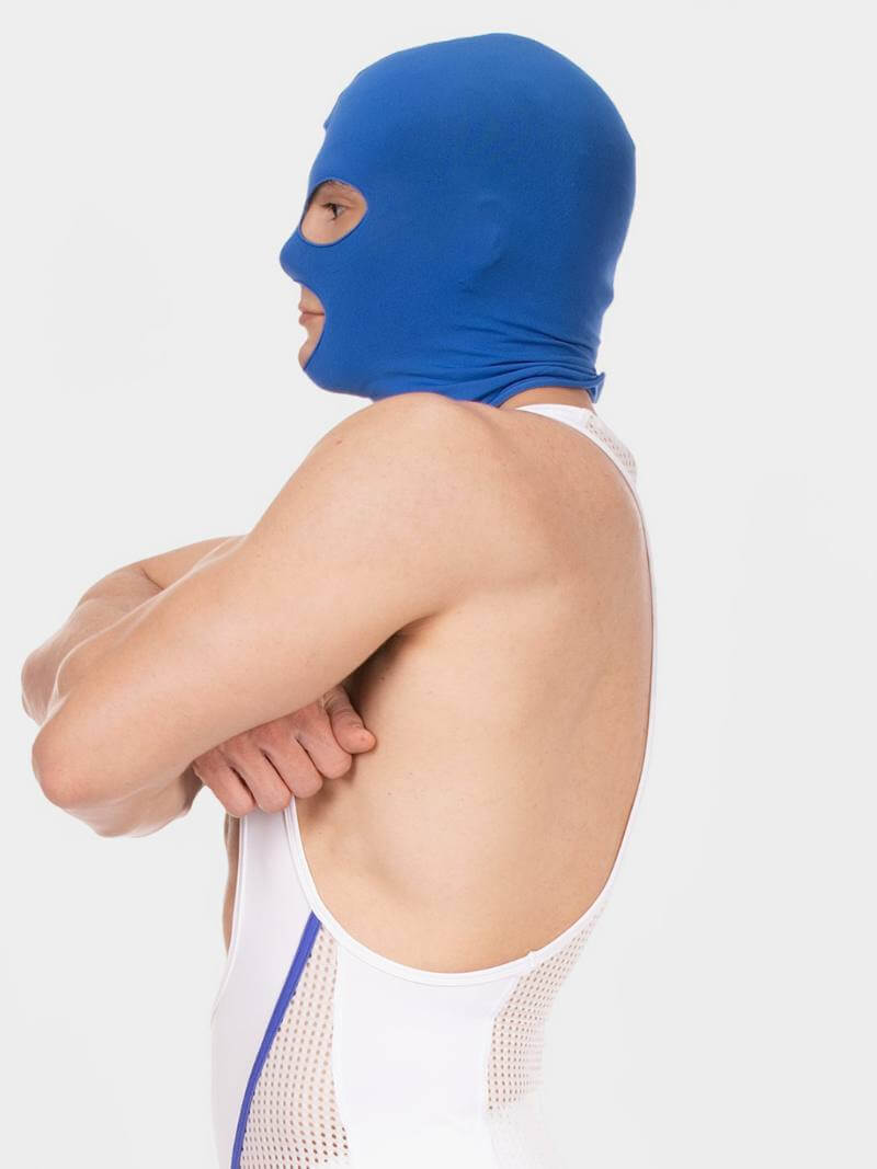 Person wearing a blue balaclava and white tank top with mesh details on a light gray background