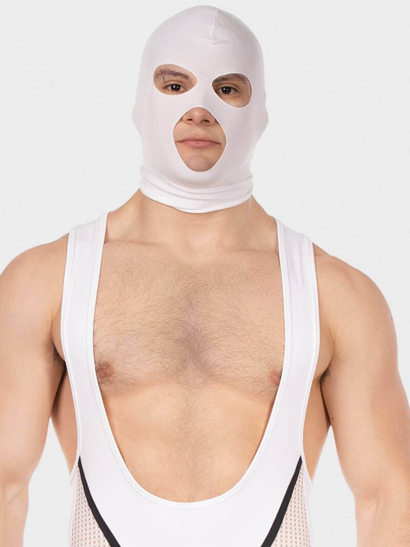 Person wearing a white balaclava and mesh tank top on a plain background