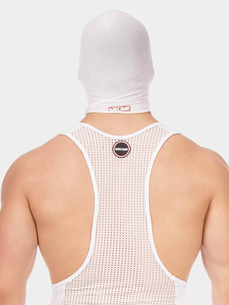 Person wearing a white sleeveless top with mesh back and a hood on a light gray background