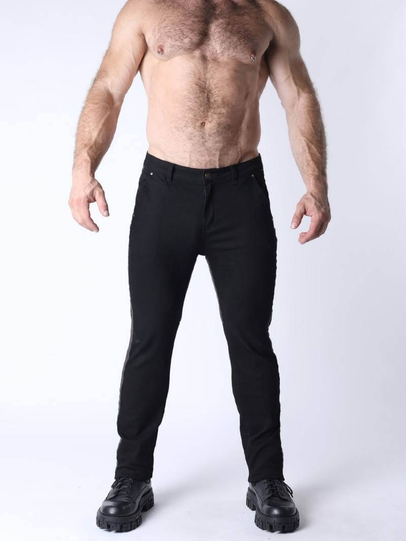 Man wearing black pants on a white background