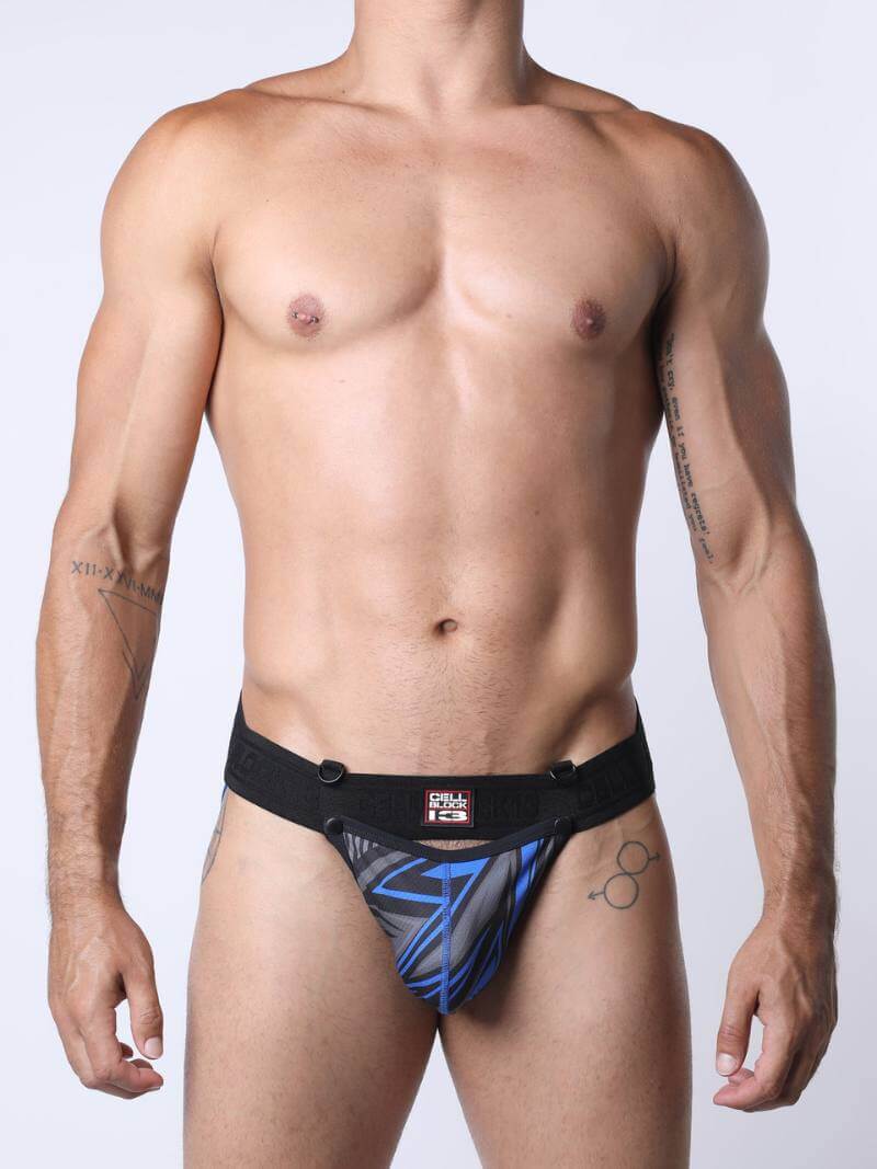 Man wearing a black and blue men's underwear with a visible brand logo on a white background