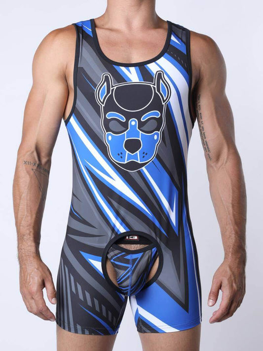 Person wearing a blue and black athletic suit with a dog face design on a white background