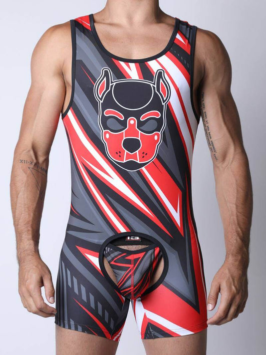 Person wearing a red, black, and gray wrestling singlet with a dog graphic on a white background