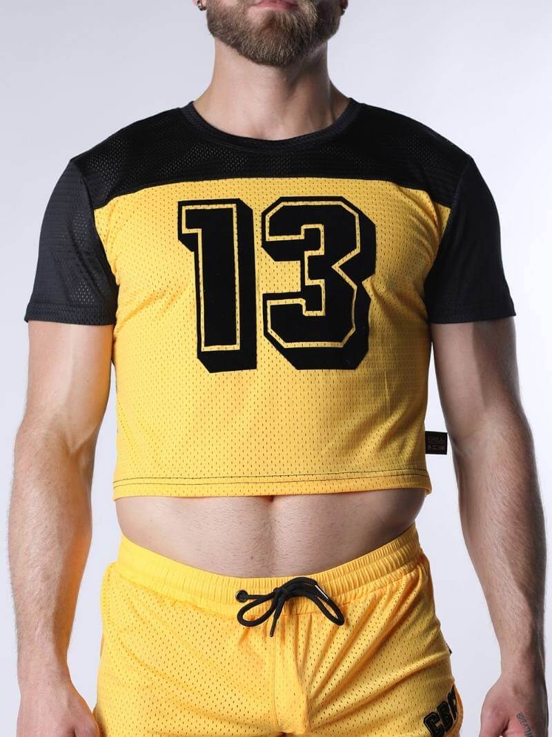 Person wearing a yellow and black sports outfit with the number 13 on a white background