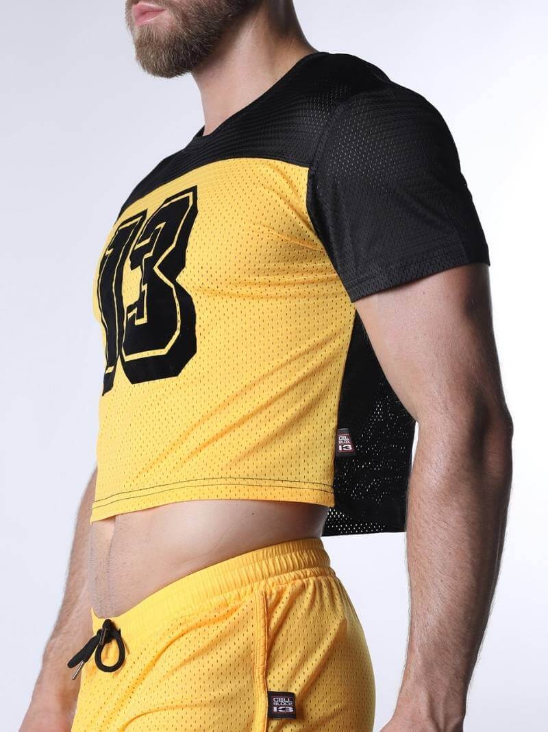 Person wearing a yellow and black sports outfit with a logo on a white background