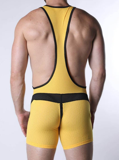 Yellow wrestling singlet with black accents on a white background