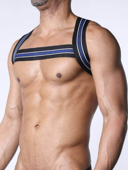 Man wearing a black and blue striped harness on a white background