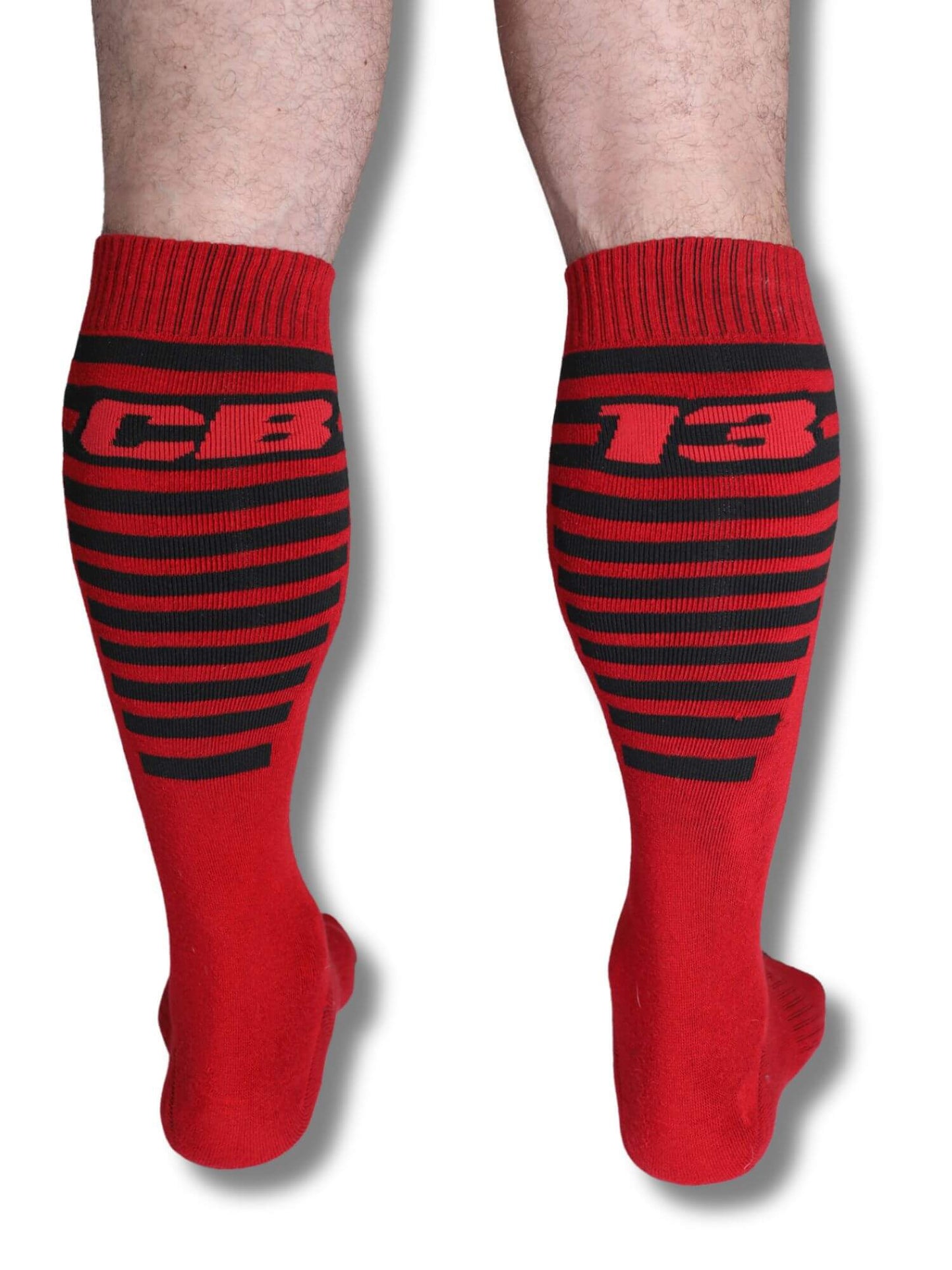 Red knee-high socks with black stripes and 'CB13' logo on a white background