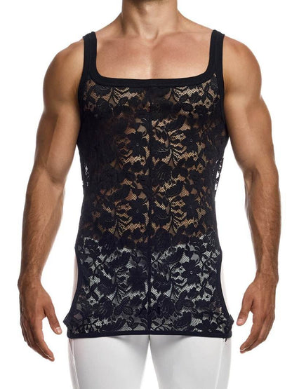 Man wearing a black lace tank top on a white background