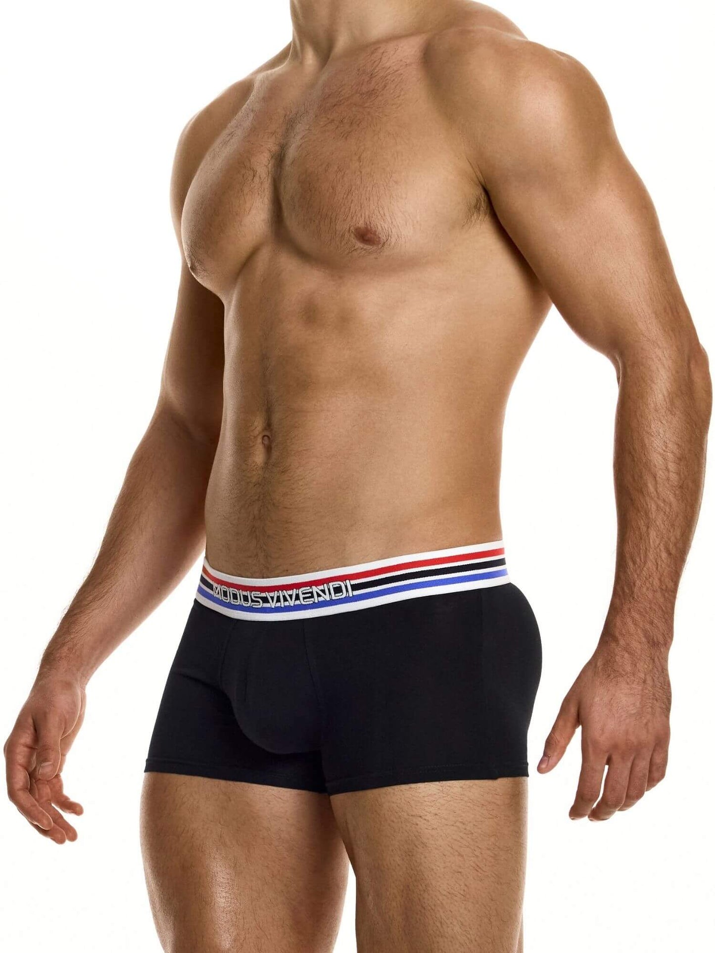 Man wearing black boxer briefs with a colorful waistband on a white background