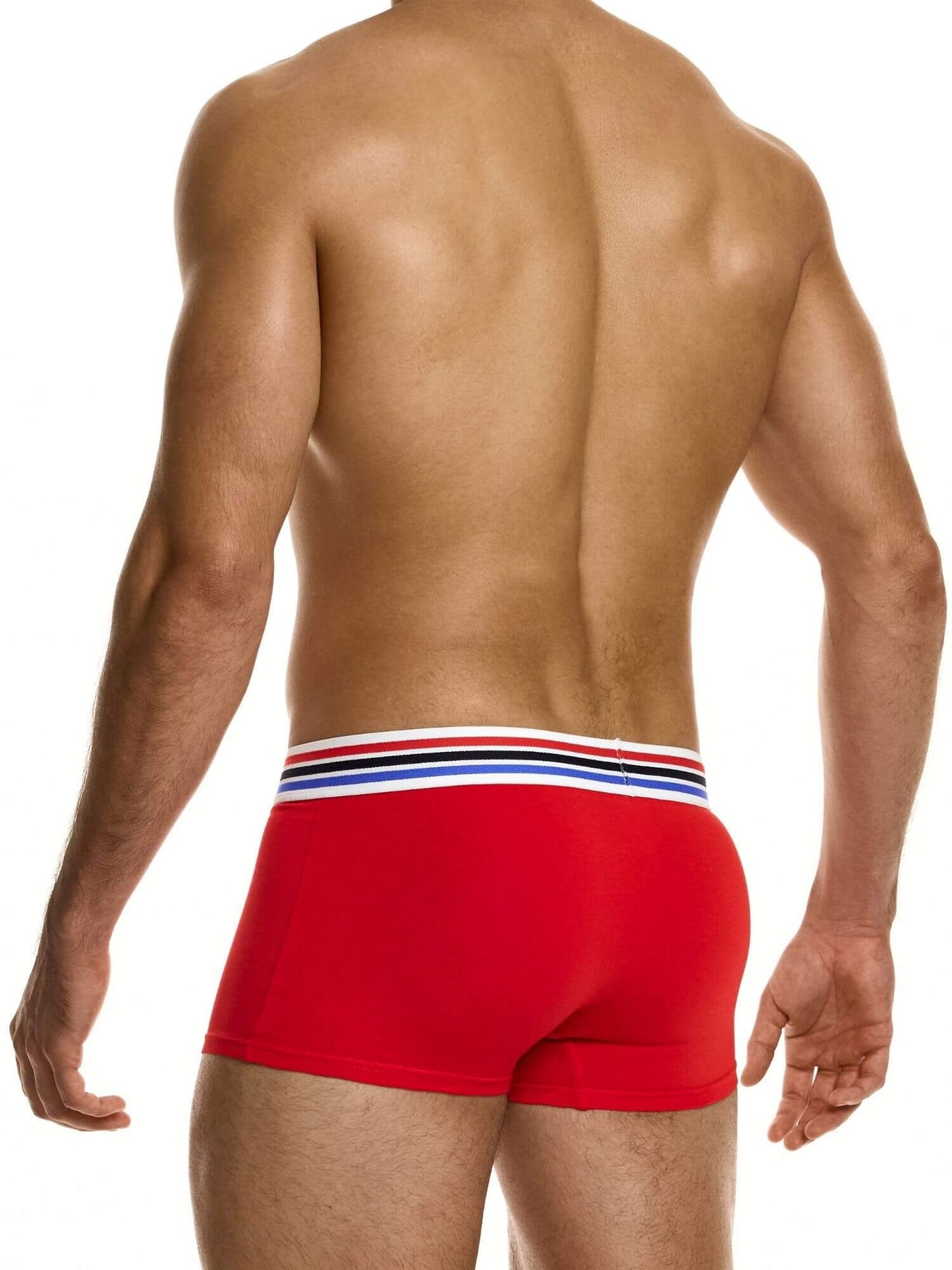 Red boxer briefs with a red, black and blue striped waistband on a white background