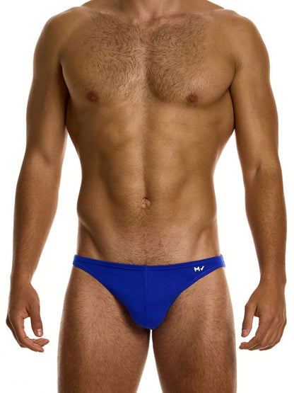 Man wearing a blue men's underwear on a white background