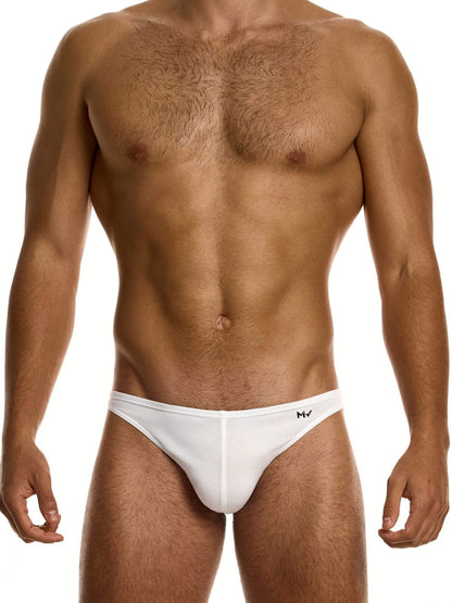 Man wearing a white men's underwear on a white background