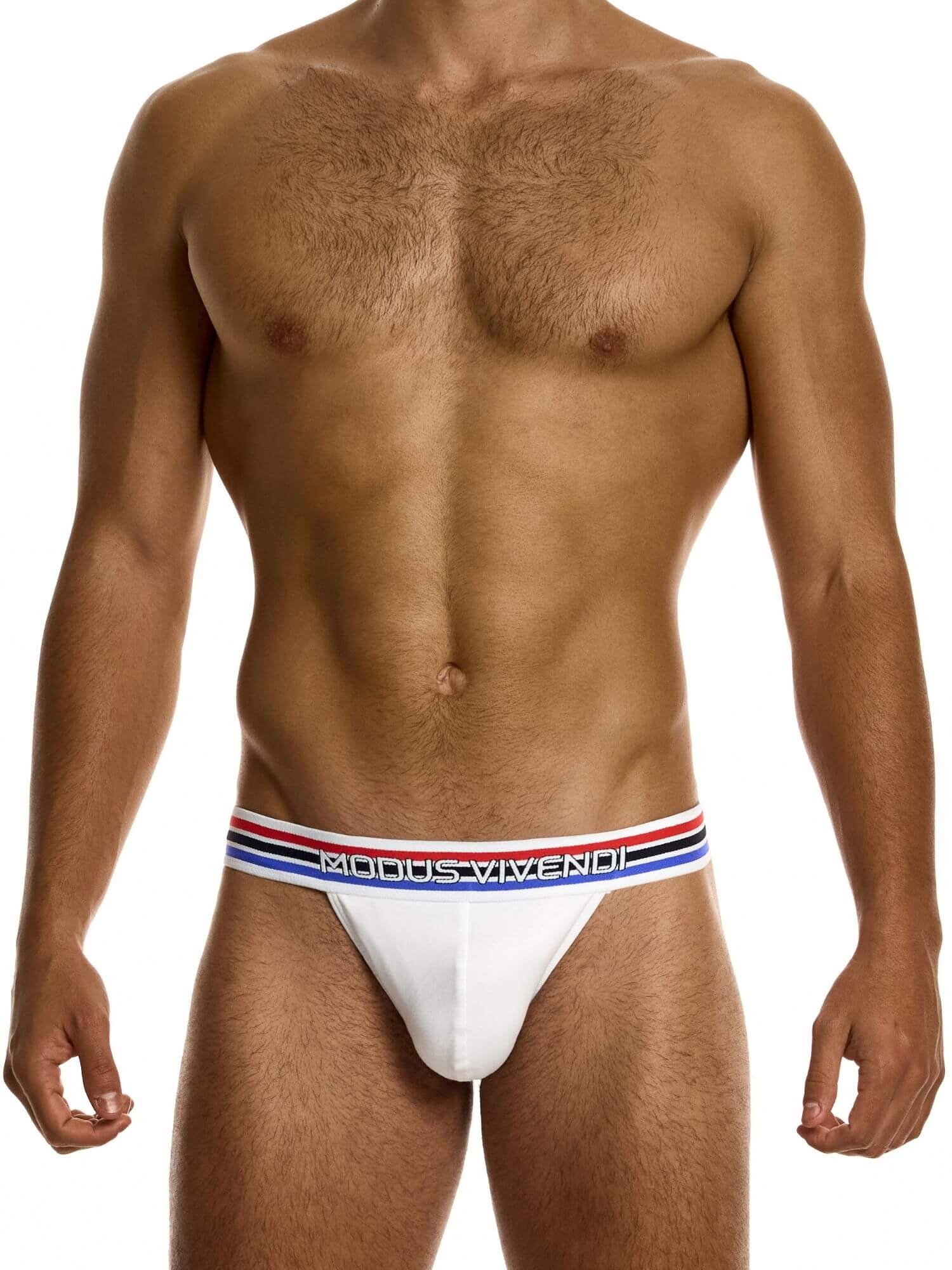 Man wearing a white men's underwear with a brand logo on a white background