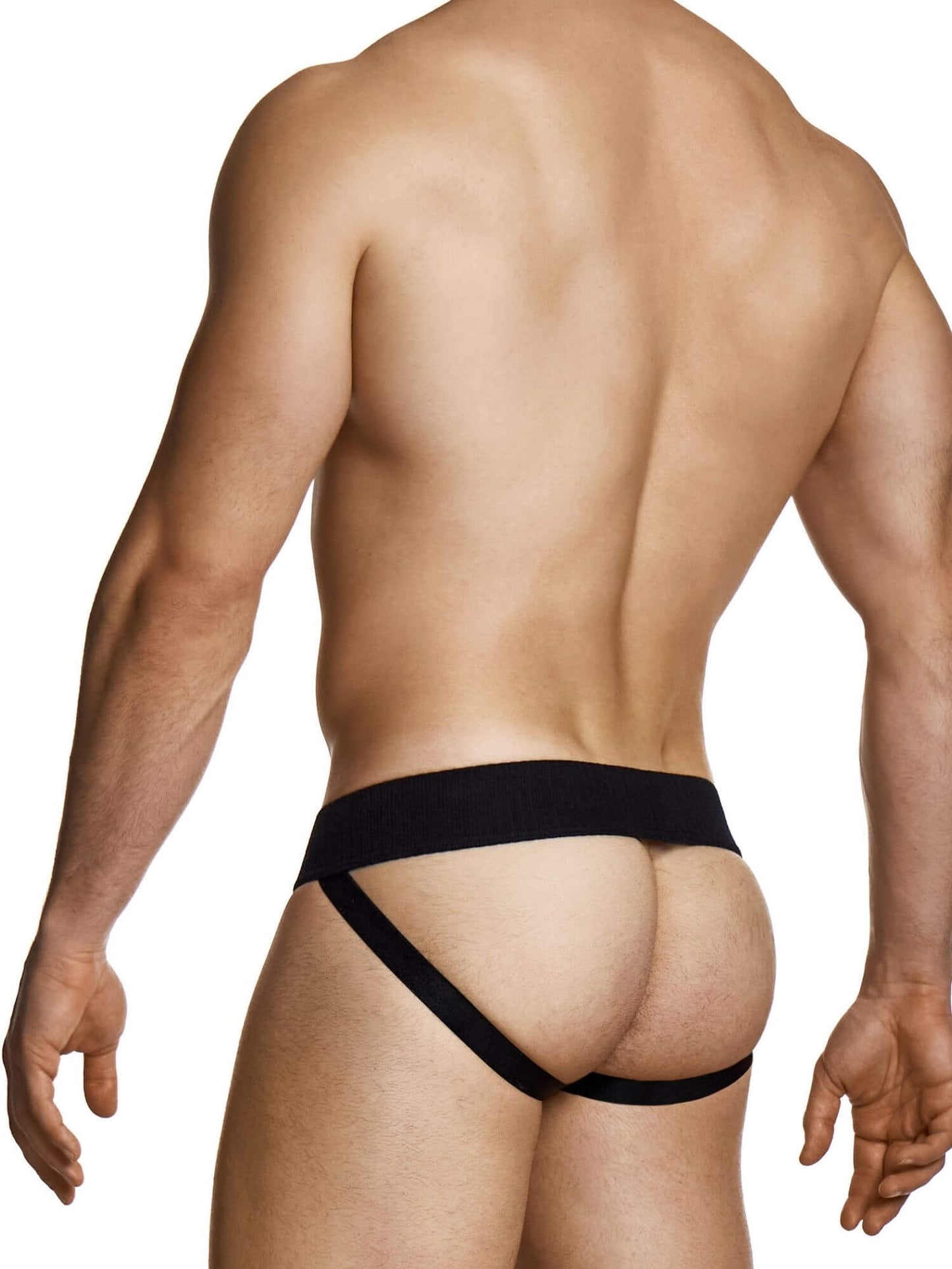 Man wearing a black jockstrap on a white background