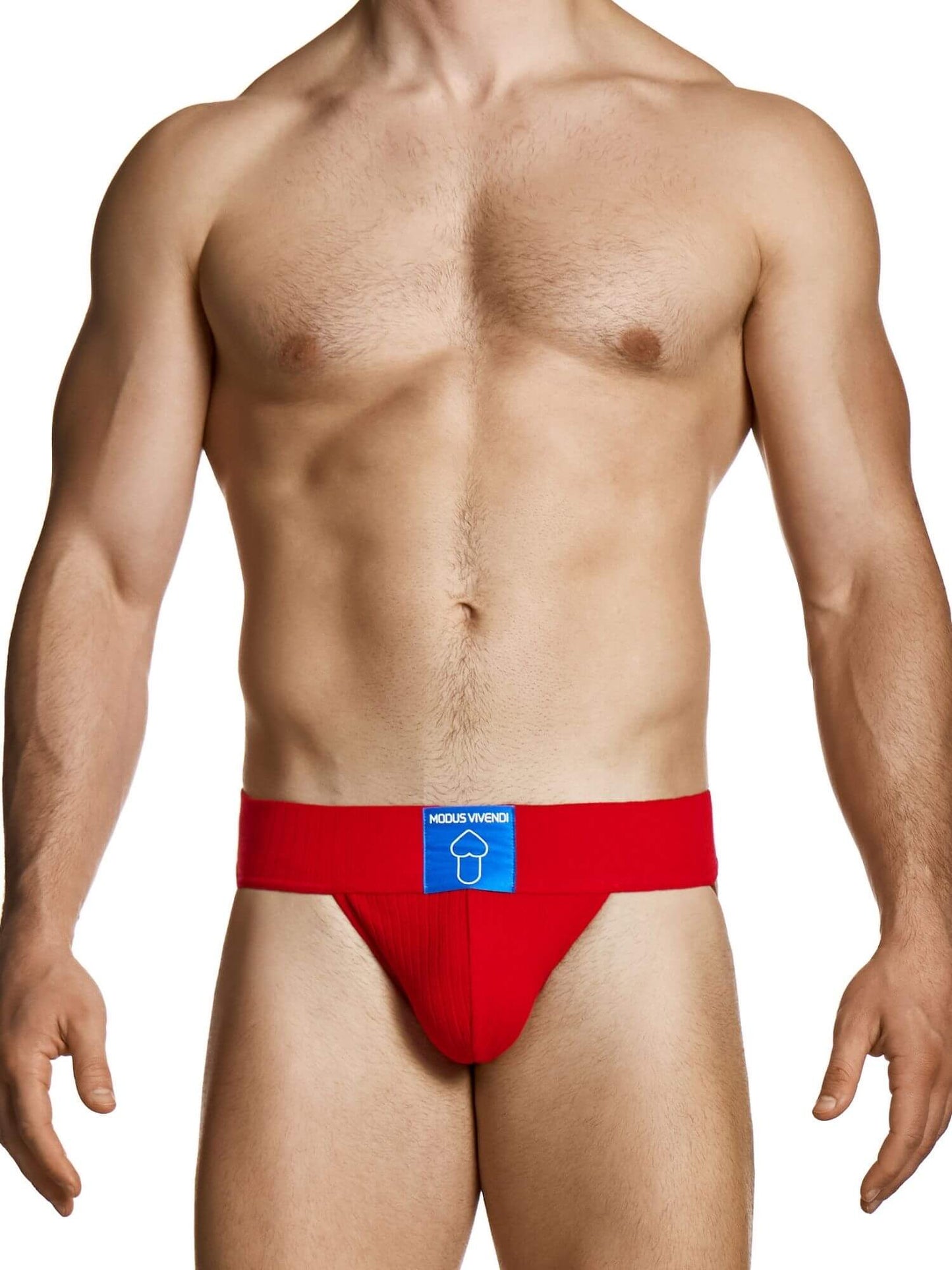 Red men's underwear with a blue label on a white background