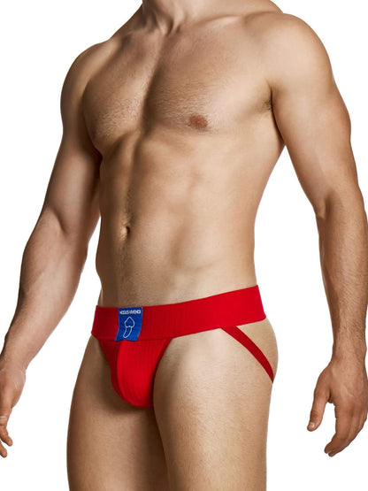 Red men's underwear with a brand logo on a white background
