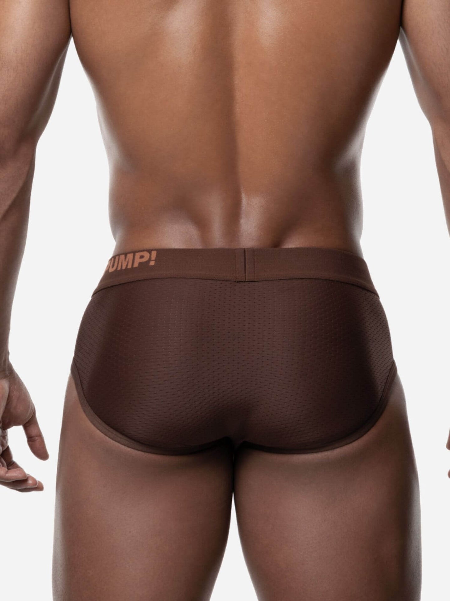 Brown men's underwear with brand logo on a white background
