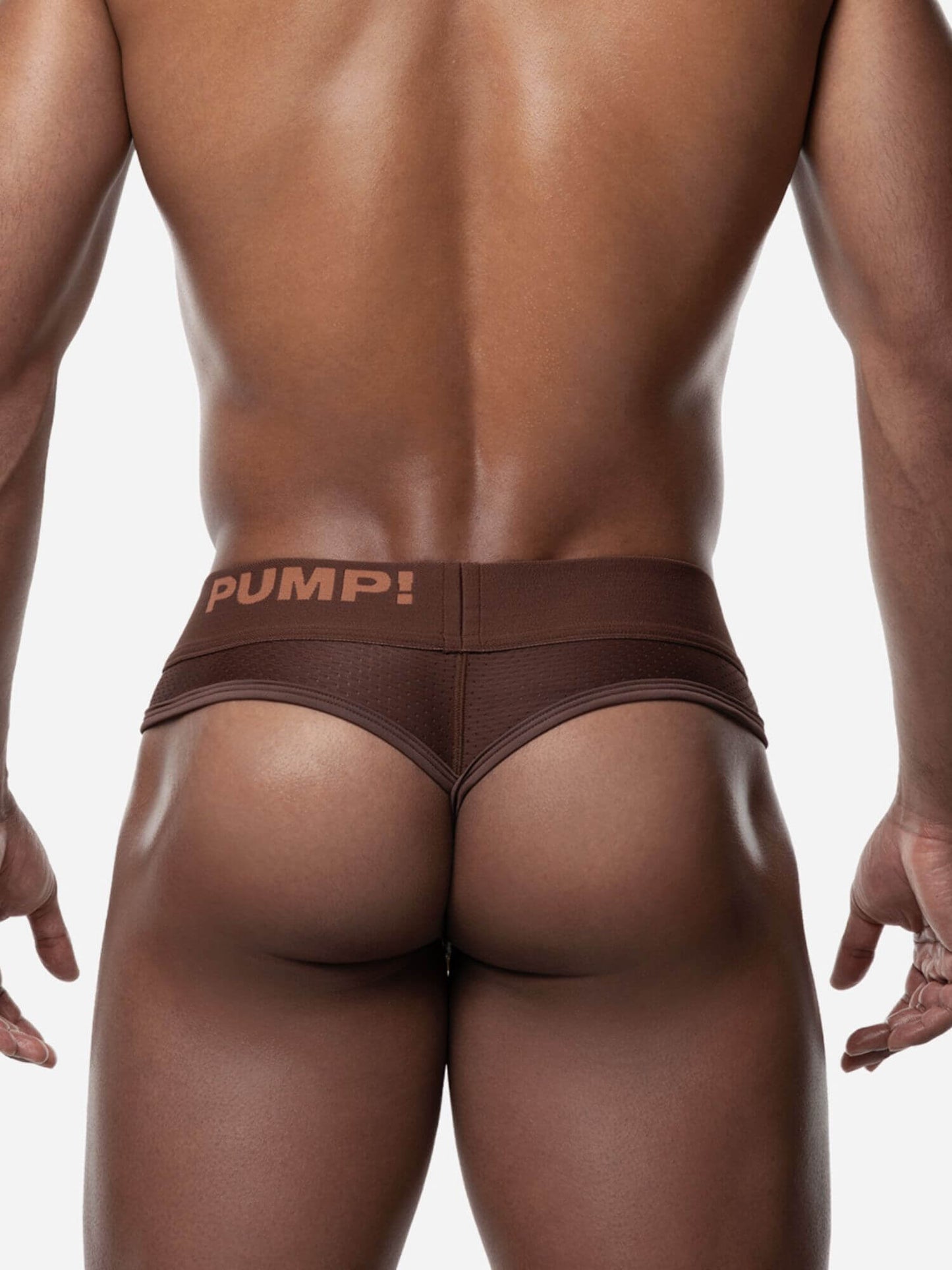 Brown men's underwear with 'PUMP!' branding on a white background