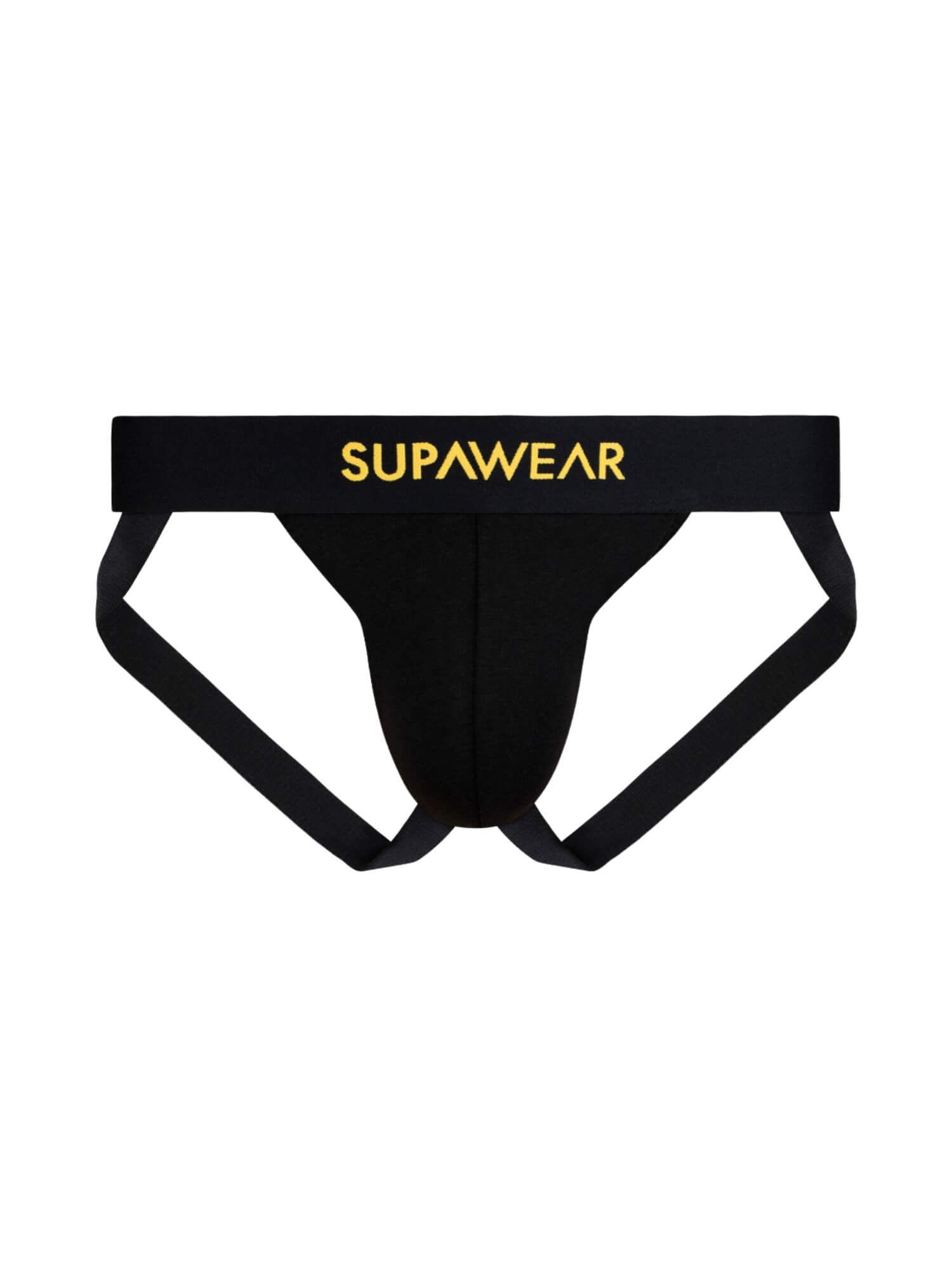 Black men's underwear with 'SUPAWEAR' logo on a white background