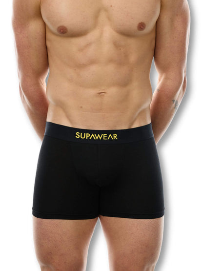 Black boxer briefs with 'Supawear' logo on a white background