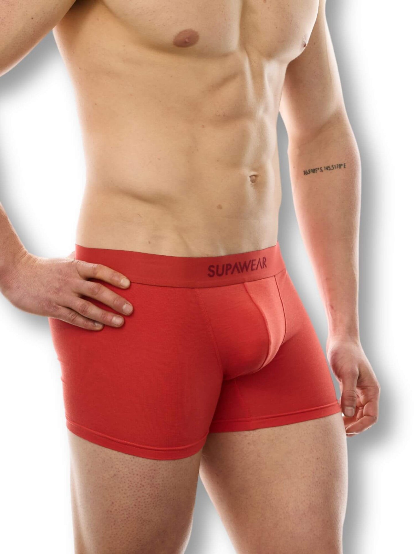 Red boxer briefs with 'Supawear' branding on a white background
