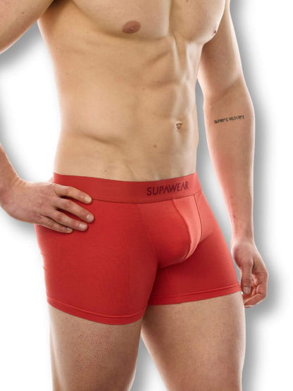 Red boxer briefs with 'Supawear' branding on a white background