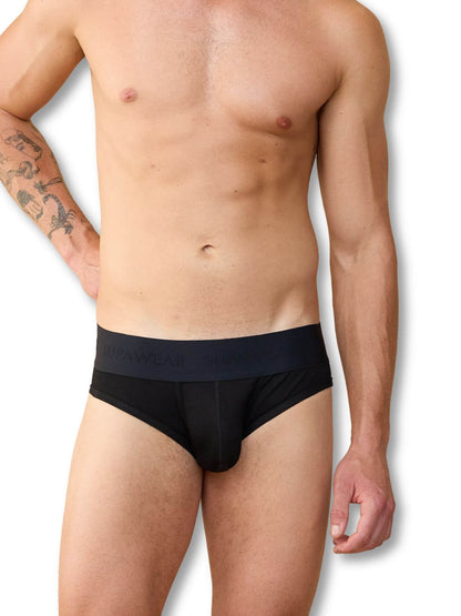 Man wearing a black men's underwear on a white background