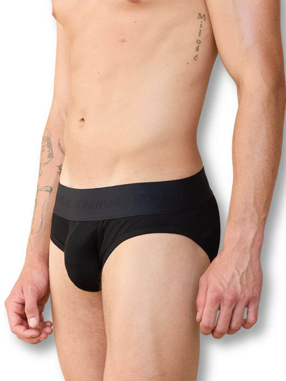 Black men's underwear worn by a person on a white background
