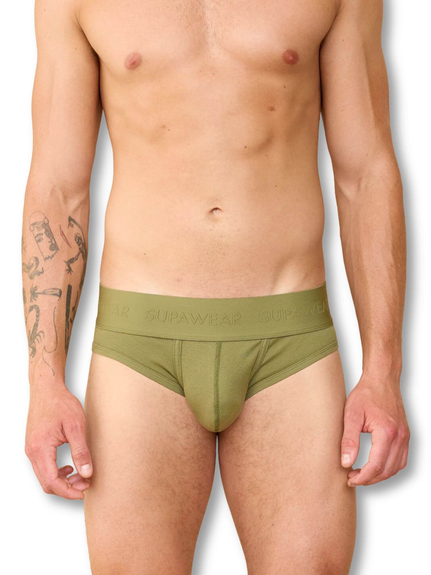 Man wearing a green underwear with 'Supawear' branding on a white background
